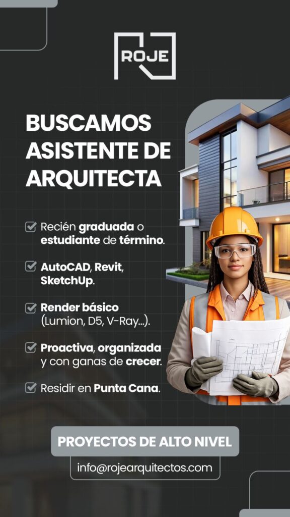 Banner publicitario horizontal para Facebook de la firma ROJE Arquitectos promocionando vacante de Asistente de Arquitectura en Punta Cana. El diseño utiliza colores negro, amarillo y blanco con estilo moderno y corporativo. A la derecha aparece una joven arquitecta sonriente sosteniendo planos frente a una residencia de lujo contemporánea. A la izquierda se muestran los requisitos del puesto: manejo de AutoCAD, Revit, SketchUp y renders básicos. Incluye llamados visuales como “Únete a nuestro equipo”, “Proyectos de alto nivel” y correo de contacto para aplicar. Diseño optimizado para redes sociales con tipografía grande y elementos gráficos arquitectónicos.